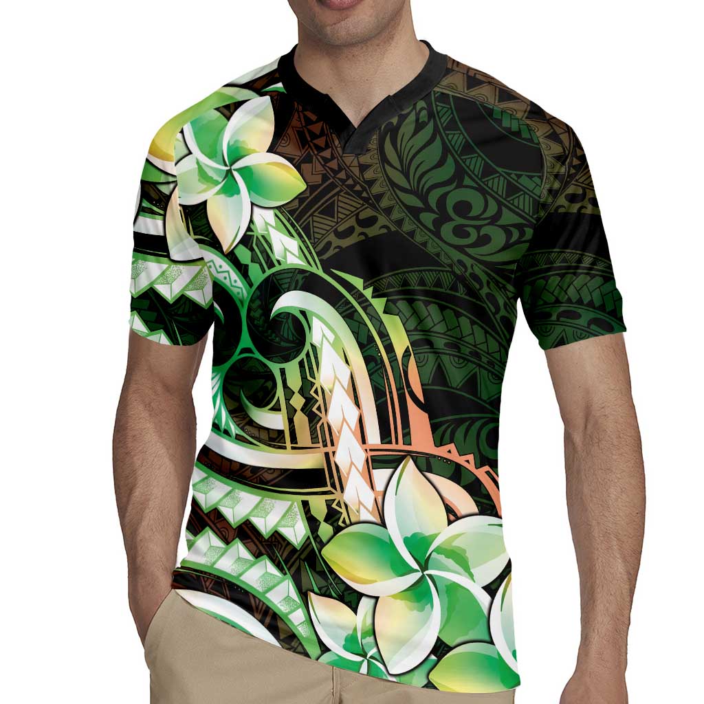 Polynesian Art Tattoo Rugby Jersey Plumeria Flowers Green Gradient