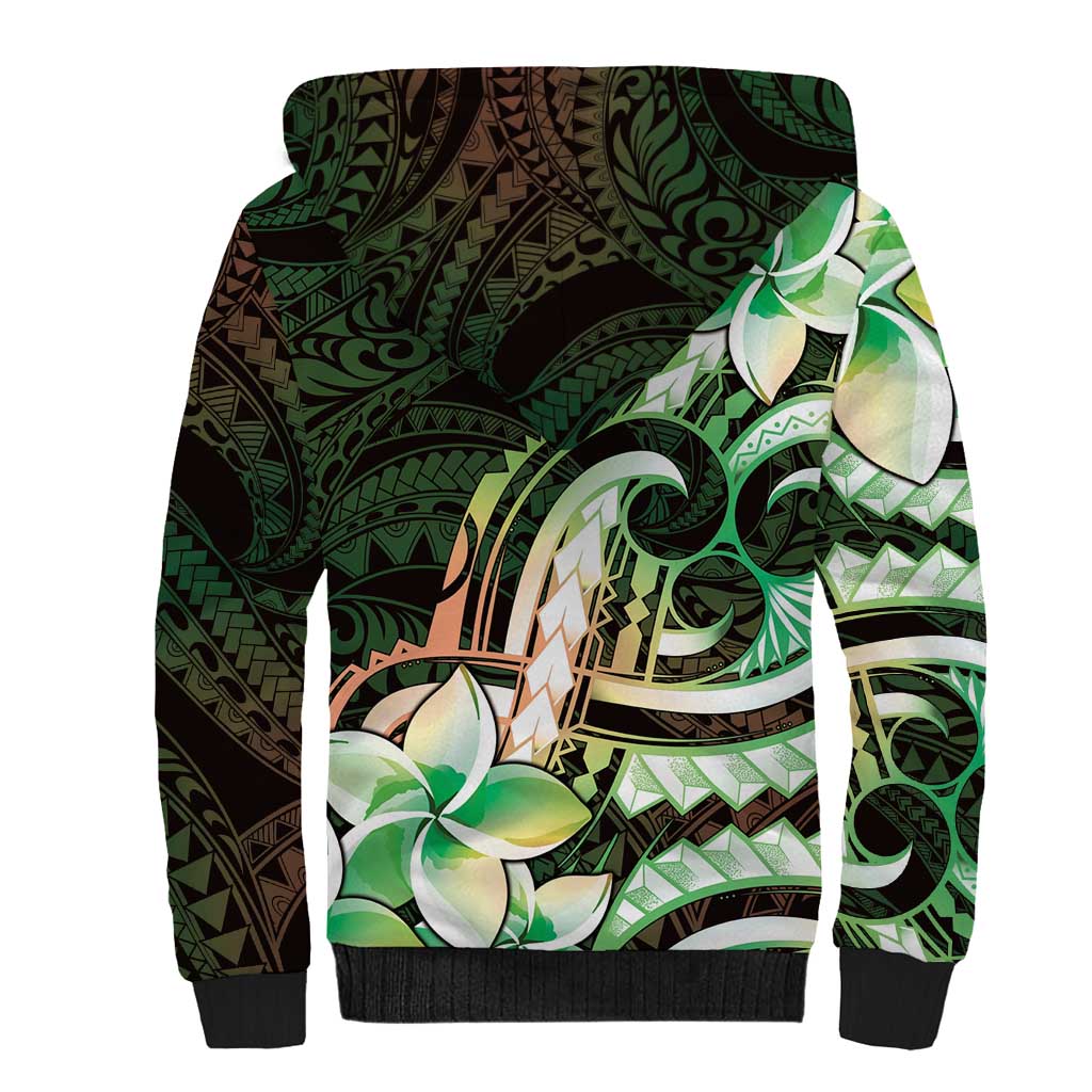 Polynesian Art Tattoo Sherpa Hoodie Plumeria Flowers Green Gradient
