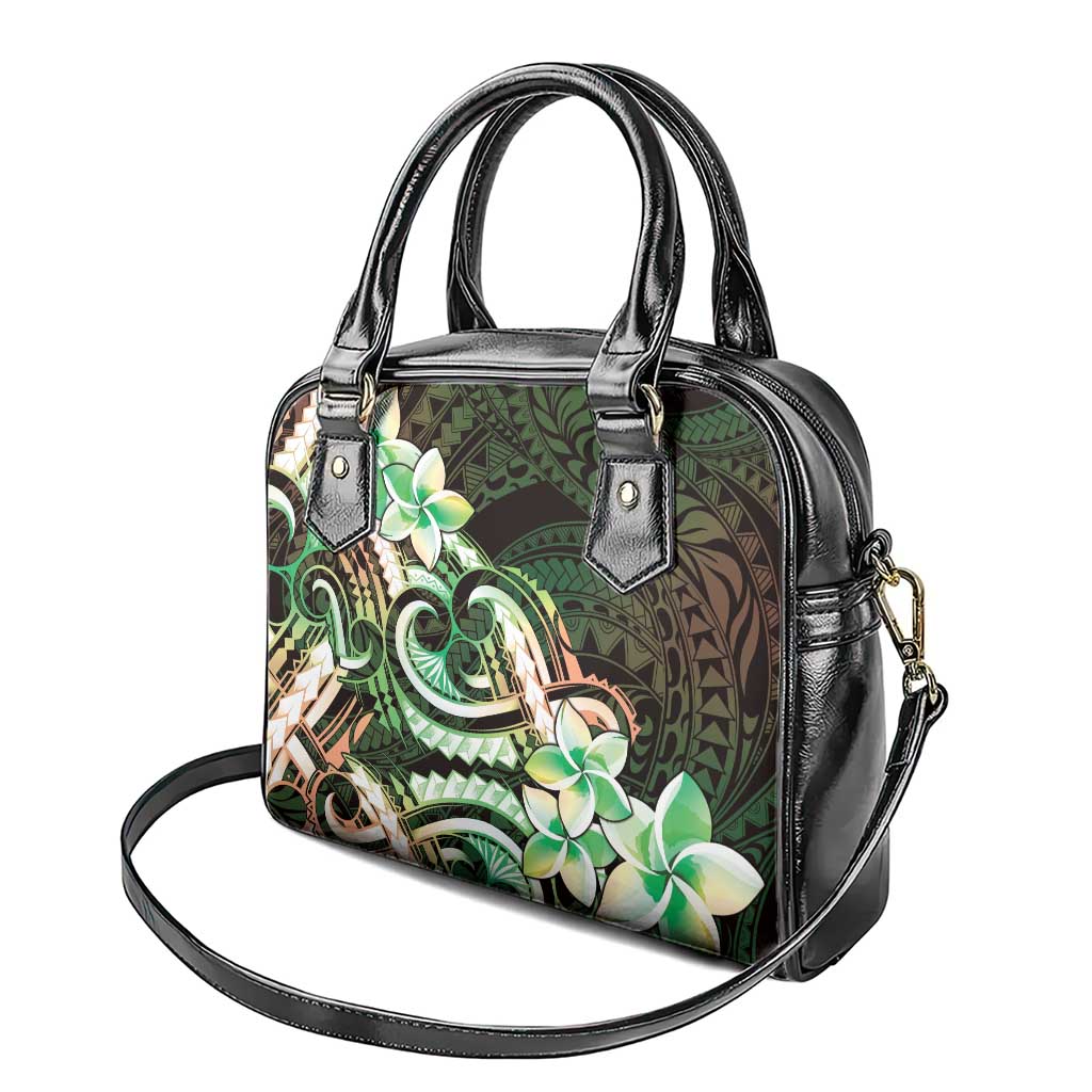 Polynesian Art Tattoo Shoulder Handbag Plumeria Flowers Green Gradient