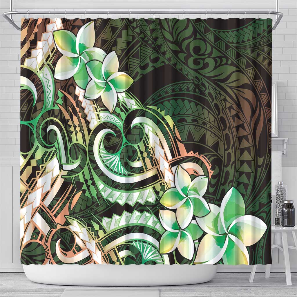 Polynesian Art Tattoo Shower Curtain Plumeria Flowers Green Gradient