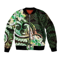 Polynesian Art Tattoo Sleeve Zip Bomber Jacket Plumeria Flowers Green Gradient
