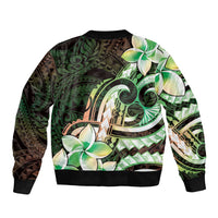 Polynesian Art Tattoo Sleeve Zip Bomber Jacket Plumeria Flowers Green Gradient