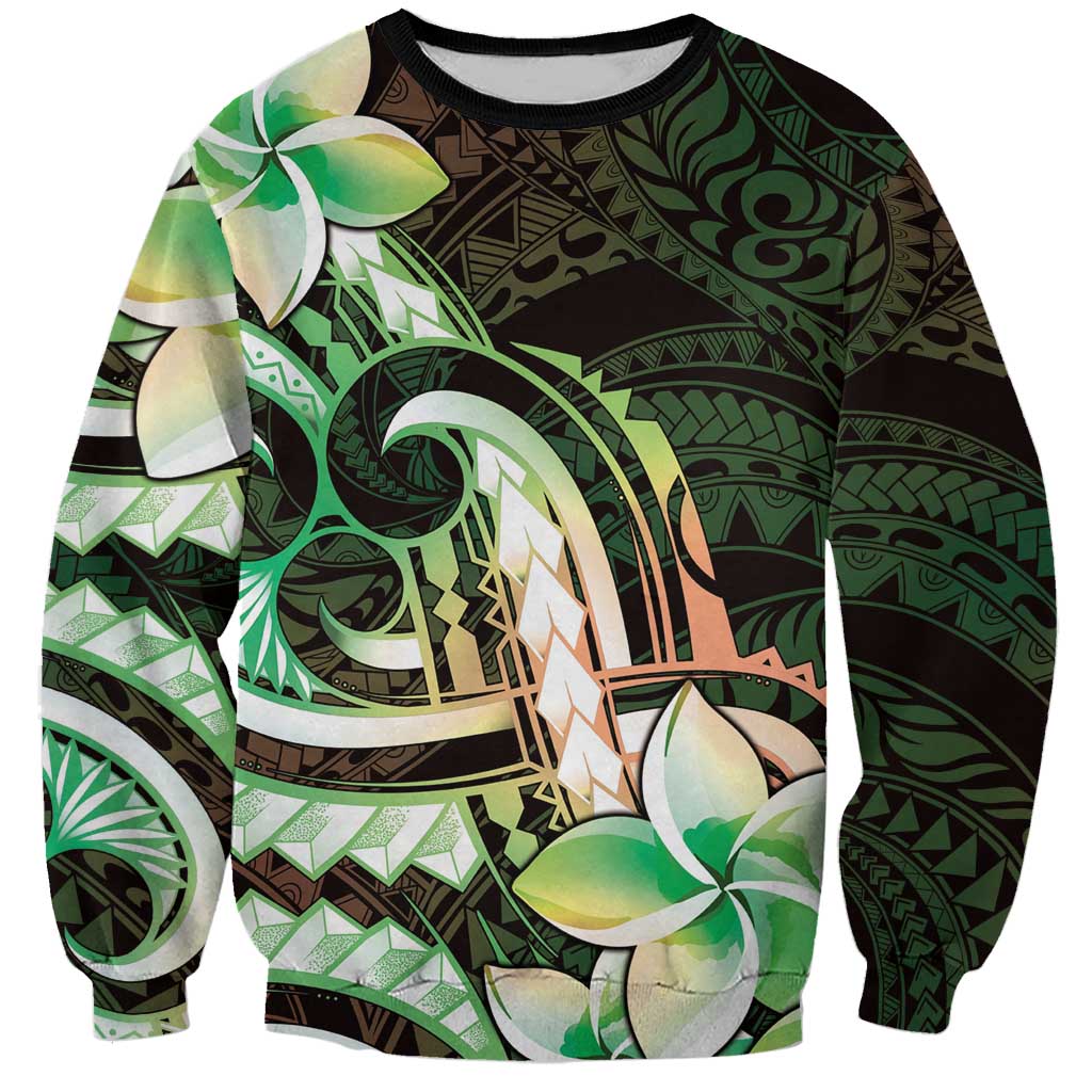 Polynesian Art Tattoo Sweatshirt Plumeria Flowers Green Gradient LT05 Unisex Green - Polynesian Pride