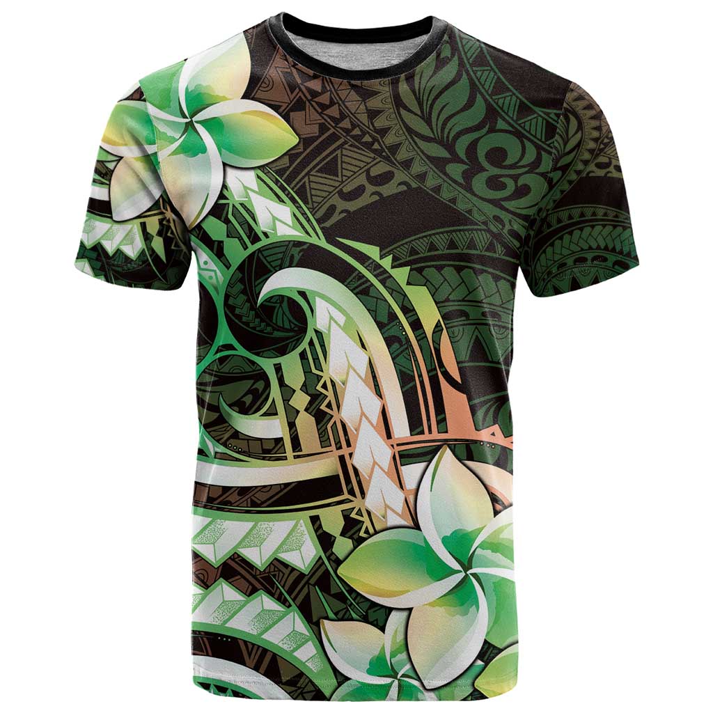 Polynesian Art Tattoo T Shirt Plumeria Flowers Green Gradient