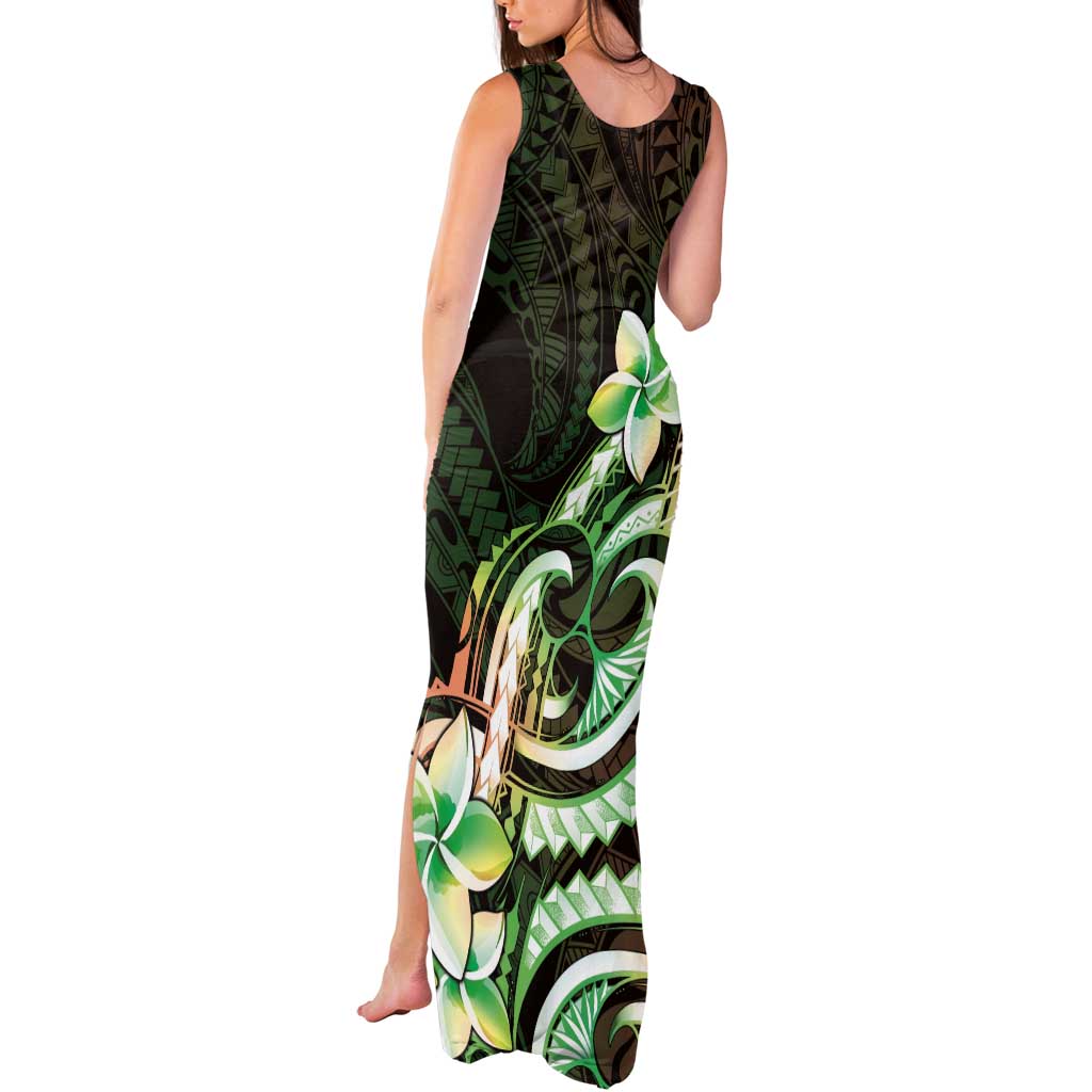 Polynesian Art Tattoo Tank Maxi Dress Plumeria Flowers Green Gradient
