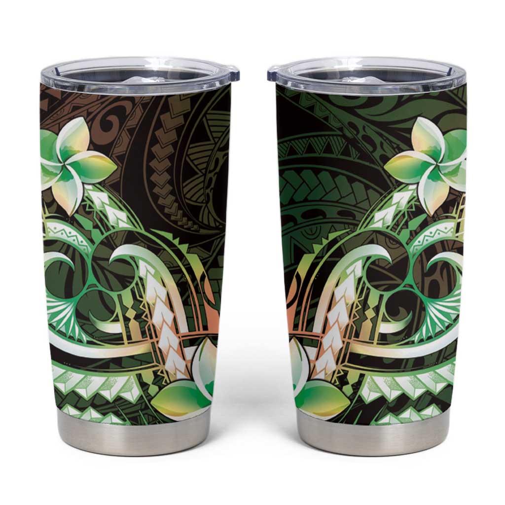 Polynesian Art Tattoo Tumbler Cup Plumeria Flowers Green Gradient
