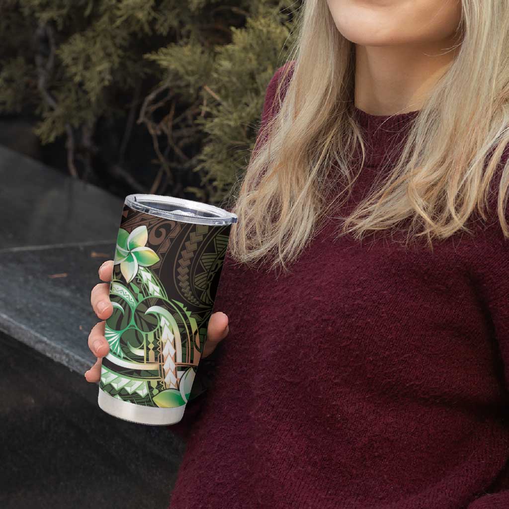 Polynesian Art Tattoo Tumbler Cup Plumeria Flowers Green Gradient