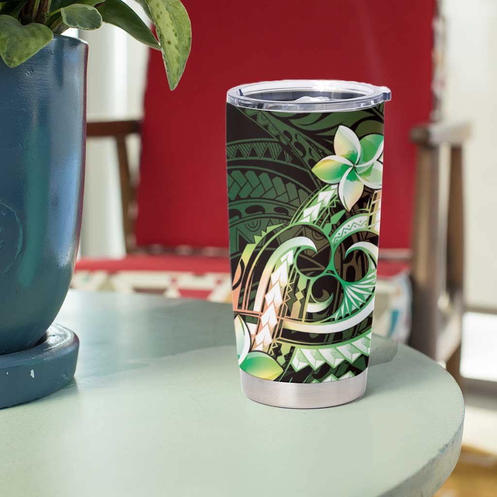 Polynesian Art Tattoo Tumbler Cup Plumeria Flowers Green Gradient