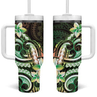 Polynesian Art Tattoo Tumbler With Handle Plumeria Flowers Green Gradient