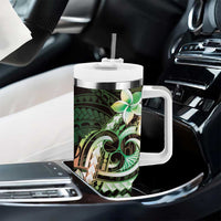 Polynesian Art Tattoo Tumbler With Handle Plumeria Flowers Green Gradient