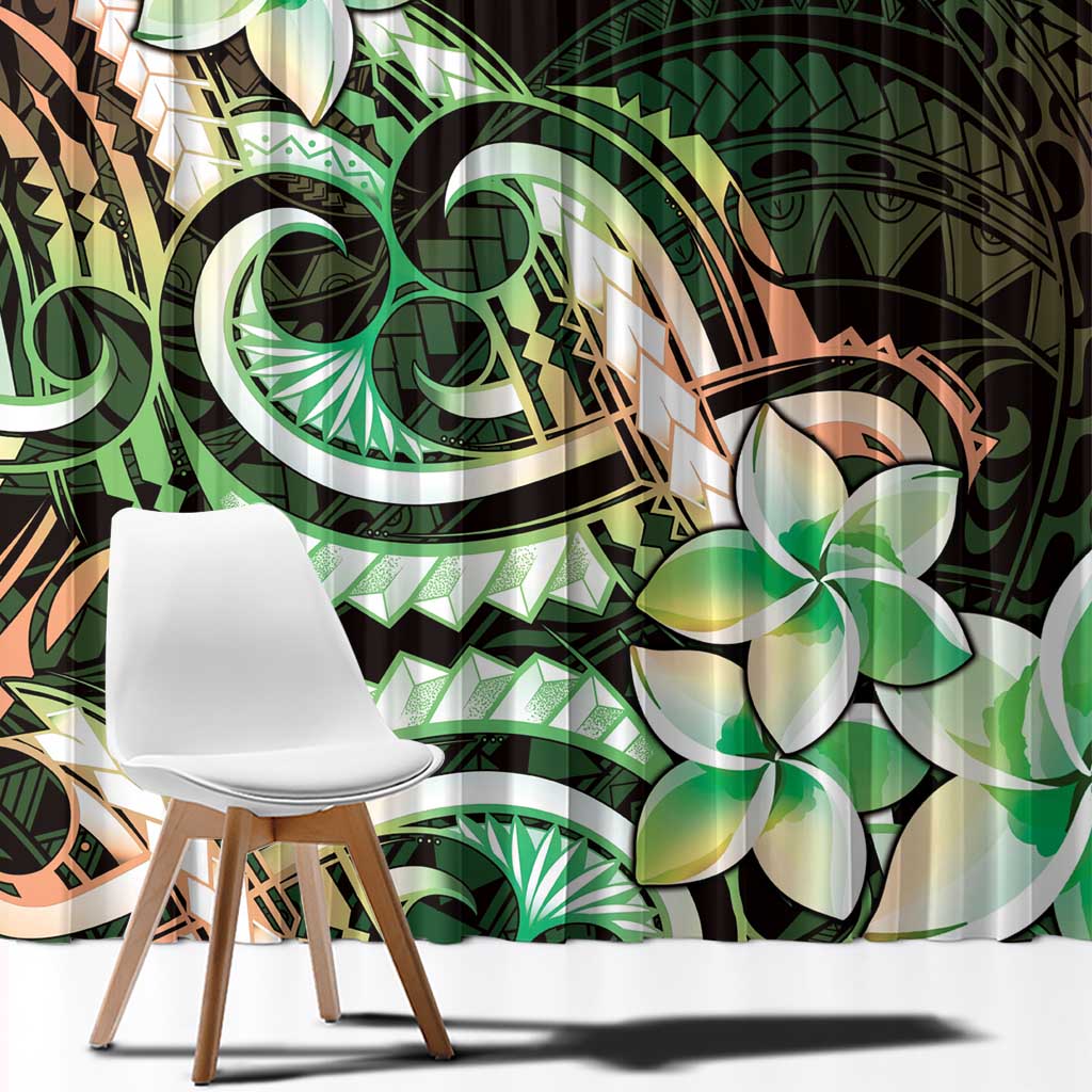 Polynesian Art Tattoo Window Curtain Plumeria Flowers Green Gradient