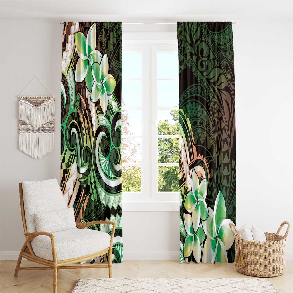 Polynesian Art Tattoo Window Curtain Plumeria Flowers Green Gradient
