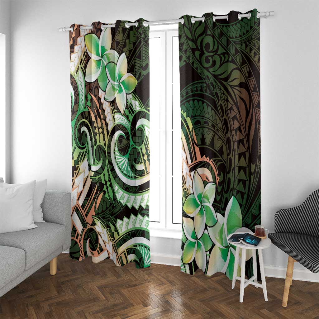 Polynesian Art Tattoo Window Curtain Plumeria Flowers Green Gradient