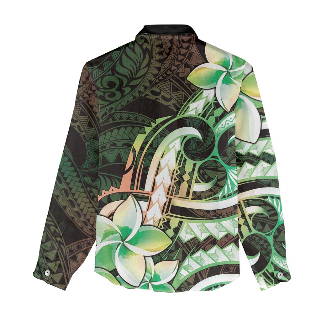 Polynesian Art Tattoo Women Casual Shirt Plumeria Flowers Green Gradient