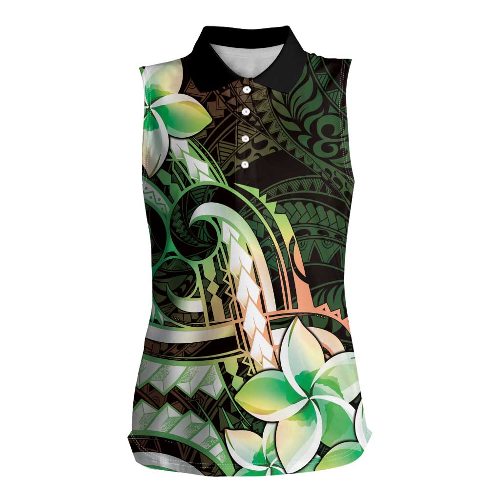Polynesian Art Tattoo Women Sleeveless Polo Shirt Plumeria Flowers Green Gradient LT05 Female Green - Polynesian Pride
