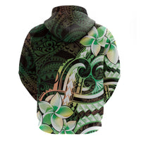 Polynesian Art Tattoo Zip Hoodie Plumeria Flowers Green Gradient