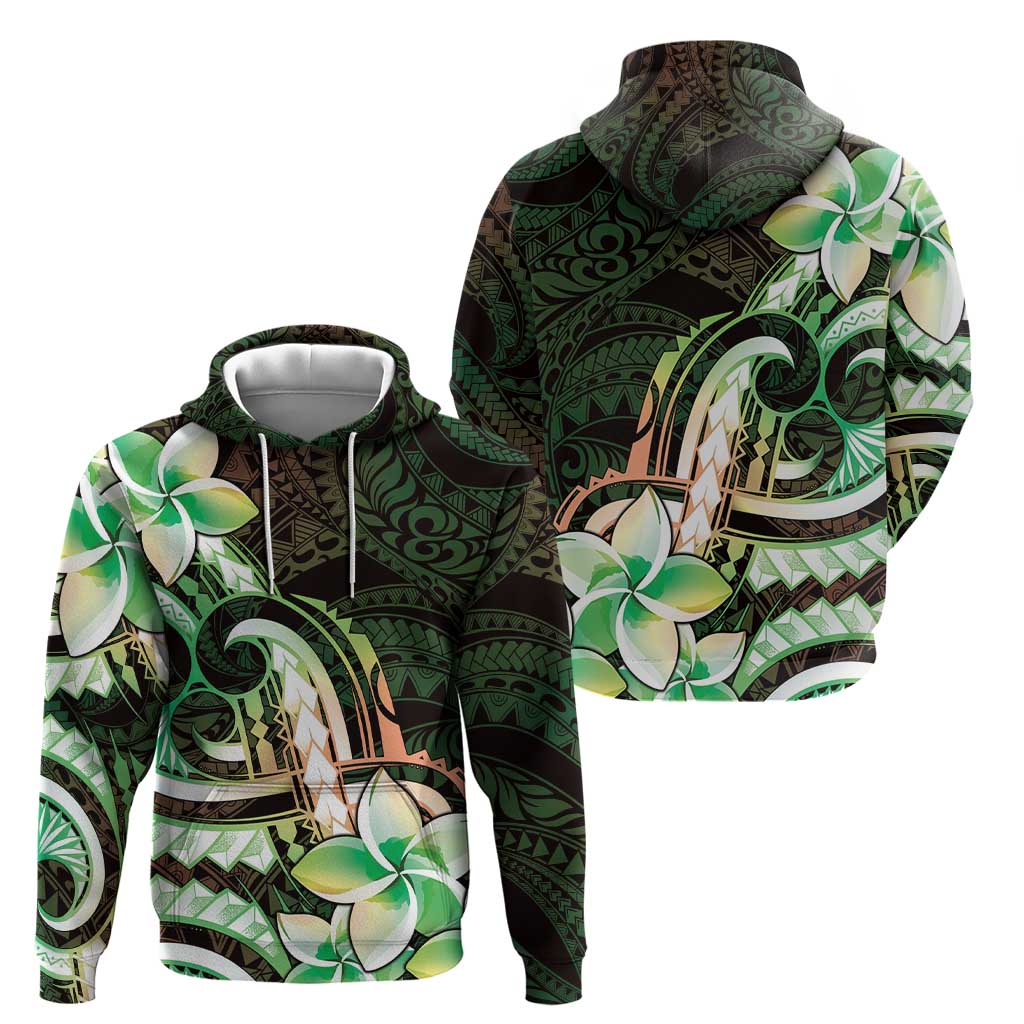 Polynesian Art Tattoo Zip Hoodie Plumeria Flowers Green Gradient