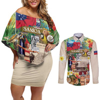 Samoa Culture Couples Matching Off Shoulder Short Dress and Long Sleeve Button Shirt Embracing The Spirit LT05 Beige - Polynesian Pride