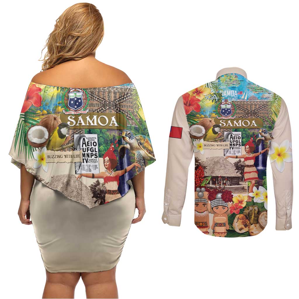 Samoa Culture Couples Matching Off Shoulder Short Dress and Long Sleeve Button Shirt Embracing The Spirit LT05 - Polynesian Pride