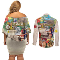 Samoa Culture Couples Matching Off Shoulder Short Dress and Long Sleeve Button Shirt Embracing The Spirit LT05 - Polynesian Pride