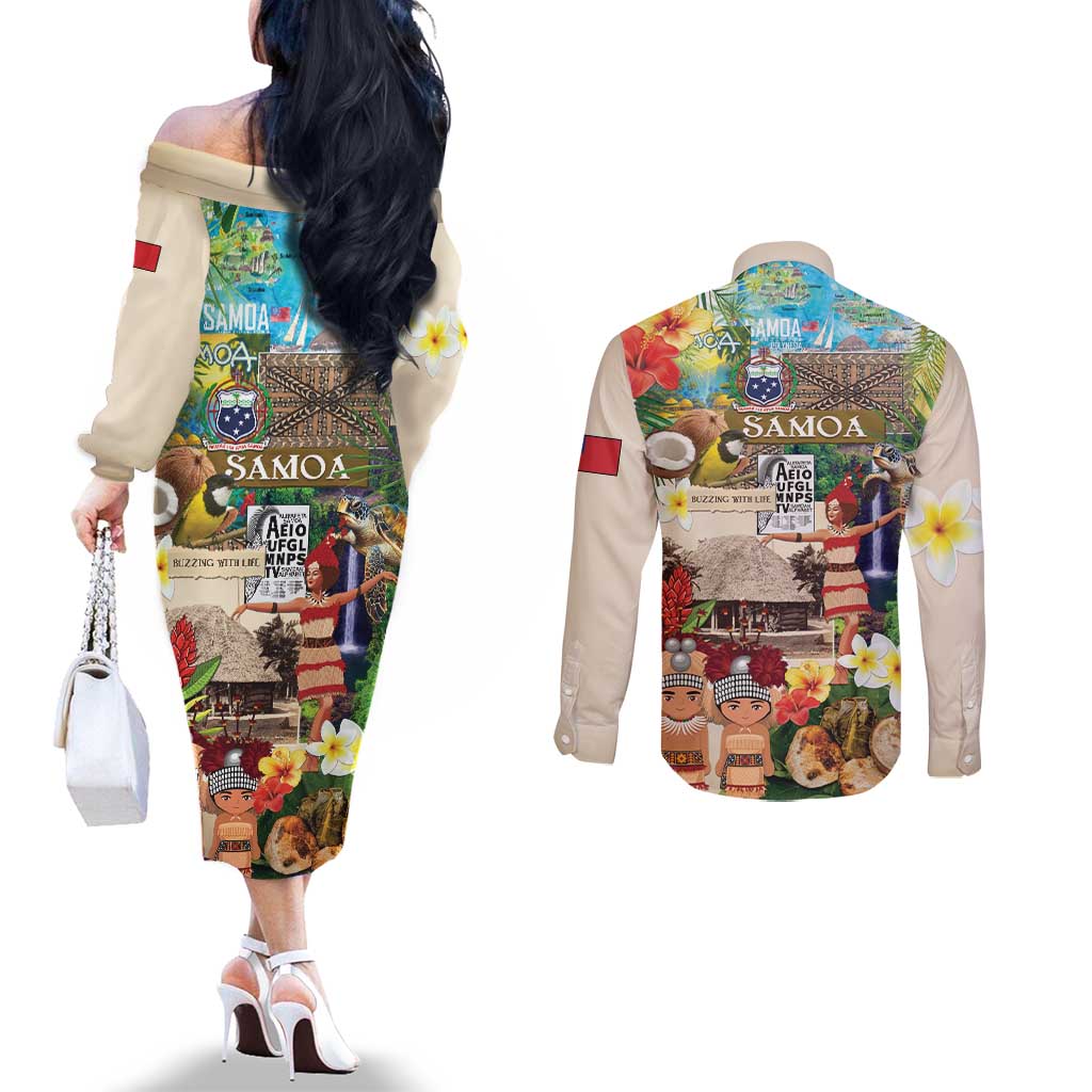 Samoa Culture Couples Matching Off The Shoulder Long Sleeve Dress and Long Sleeve Button Shirt Embracing The Spirit
