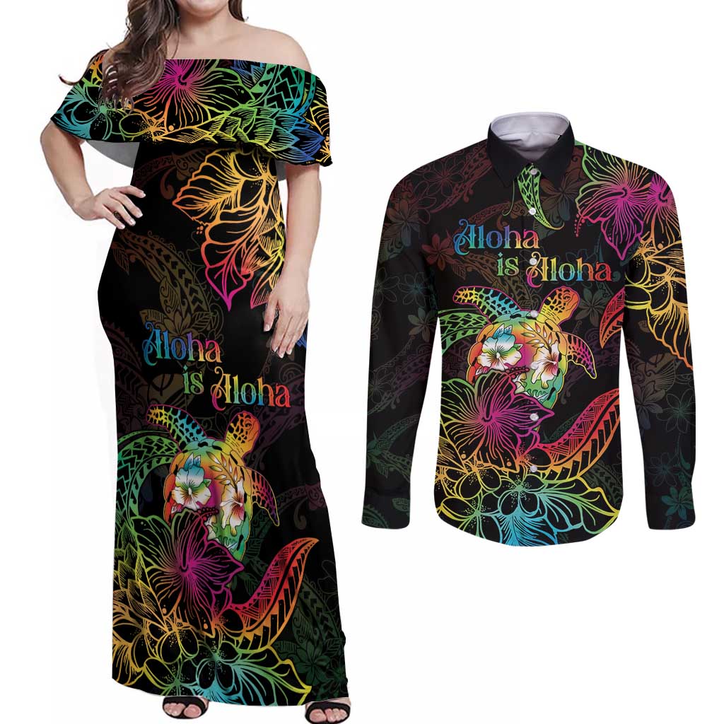 Hawaii Pride Couples Matching Off Shoulder Maxi Dress and Long Sleeve Button Shirt Aloha Is Aloha LT05 Colorful - Polynesian Pride