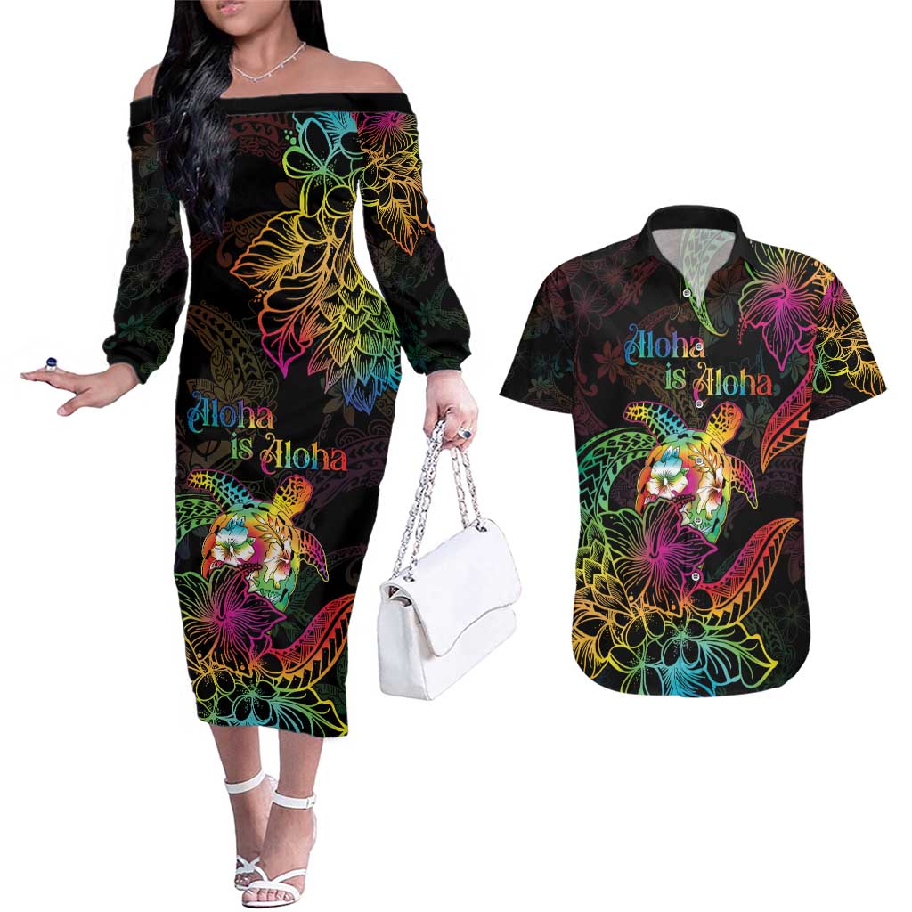 Hawaii Pride Couples Matching Off The Shoulder Long Sleeve Dress and Hawaiian Shirt Aloha Is Aloha
