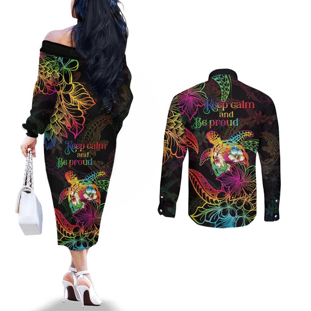 Hawaii Pride Couples Matching Off The Shoulder Long Sleeve Dress and Long Sleeve Button Shirt Aloha Is Aloha