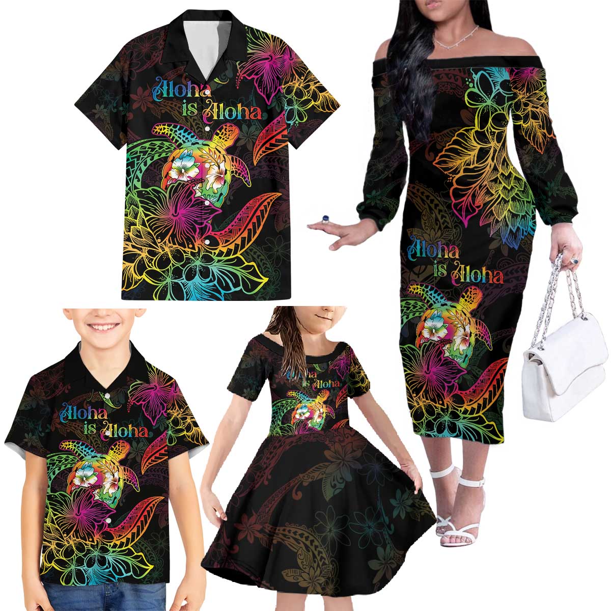 Hawaii Pride Family Matching Off The Shoulder Long Sleeve Dress and Hawaiian Shirt Aloha Is Aloha