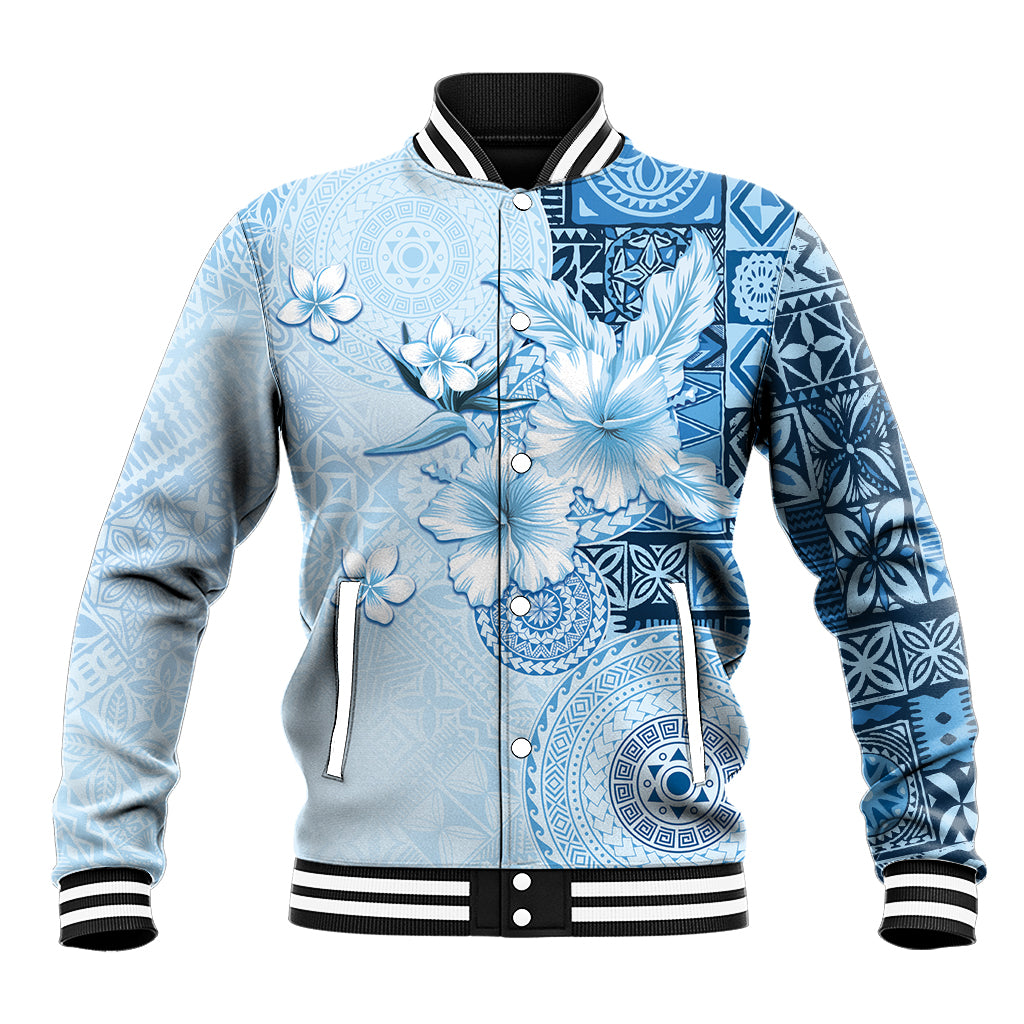 Hawaii Tapa Pattern With Blue Hibiscus Baseball Jacket