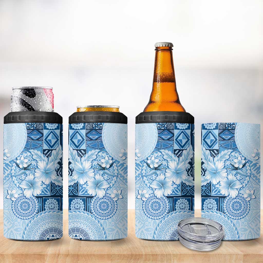 Hawaii Tapa Pattern With Blue Hibiscus 4 in 1 Can Cooler Tumbler