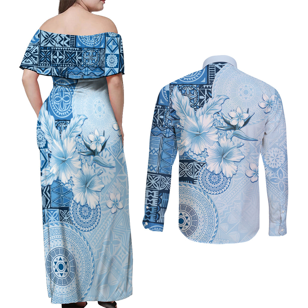 Hawaii Tapa Pattern With Blue Hibiscus Couples Matching Off Shoulder Maxi Dress and Long Sleeve Button Shirt