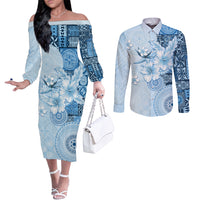 Hawaii Tapa Pattern With Blue Hibiscus Couples Matching Off The Shoulder Long Sleeve Dress and Long Sleeve Button Shirt