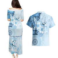 Hawaii Tapa Pattern With Blue Hibiscus Couples Matching Puletasi and Hawaiian Shirt