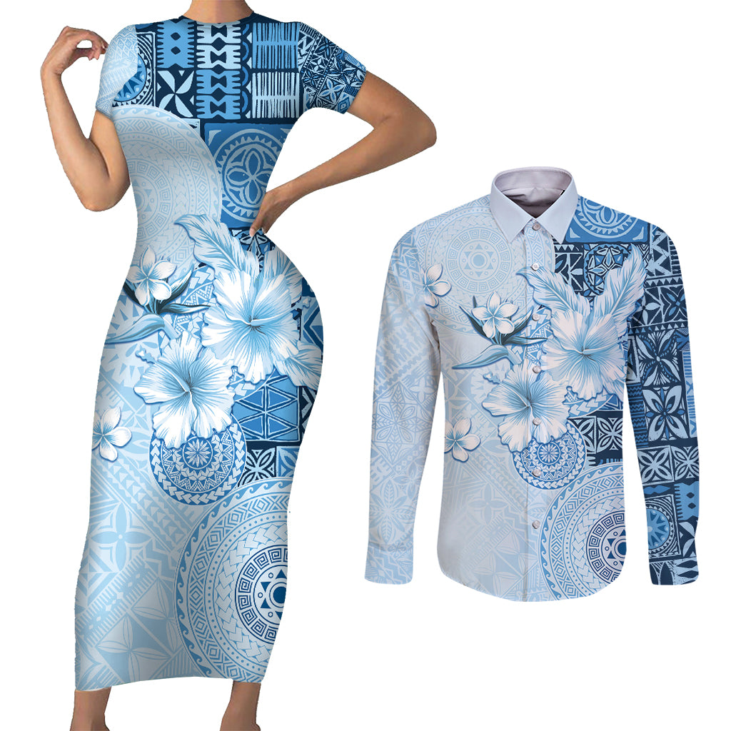 Hawaii Tapa Pattern With Blue Hibiscus Couples Matching Short Sleeve Bodycon Dress and Long Sleeve Button Shirt