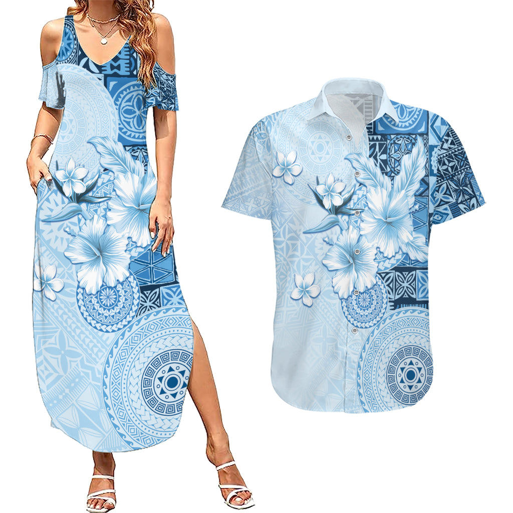 Hawaii Tapa Pattern With Blue Hibiscus Couples Matching Summer Maxi Dress and Hawaiian Shirt