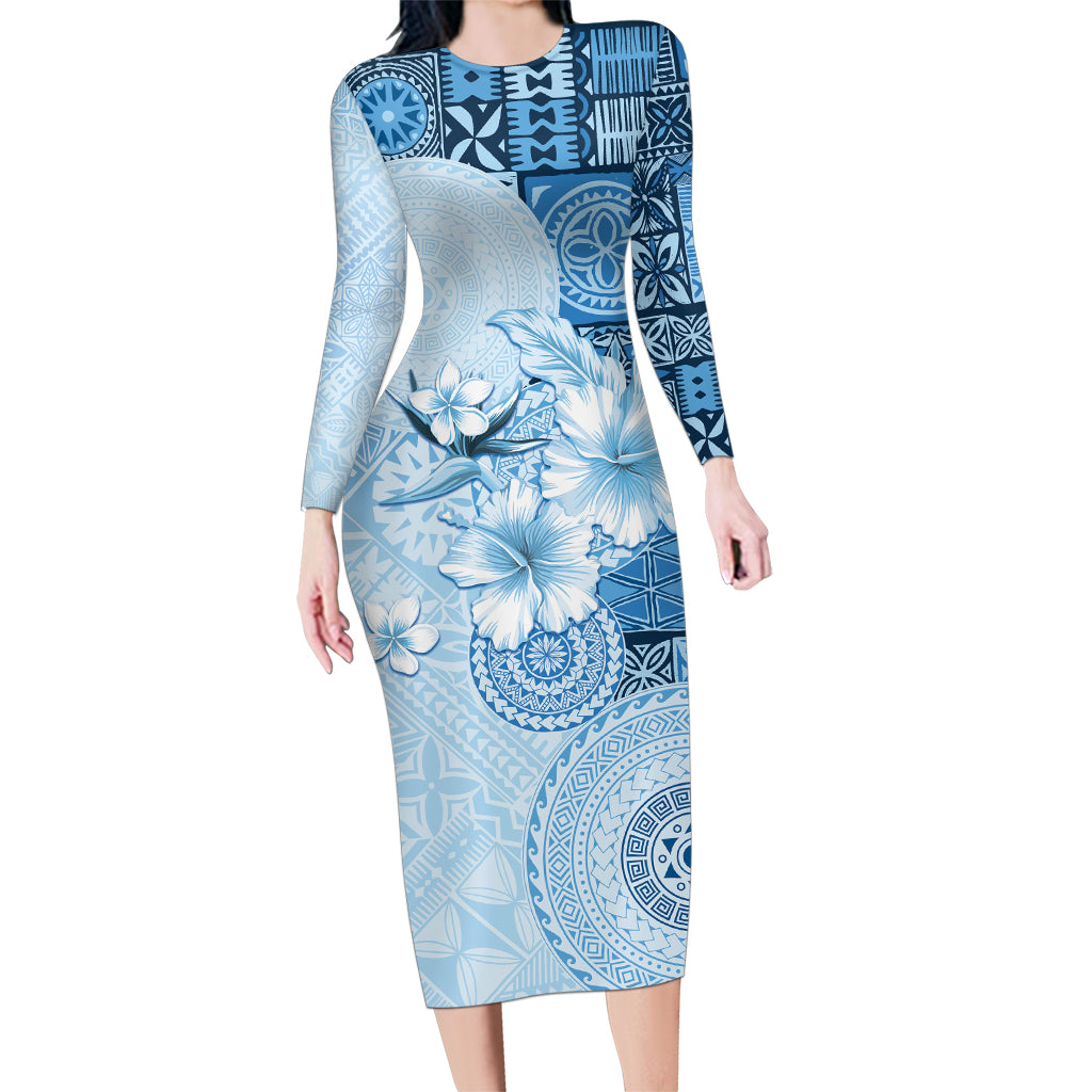 Hawaii Tapa Pattern With Blue Hibiscus Family Matching Long Sleeve Bodycon Dress and Hawaiian Shirt
