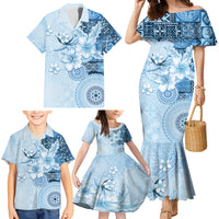 Hawaii Tapa Pattern With Blue Hibiscus Family Matching Mermaid Dress and Hawaiian Shirt