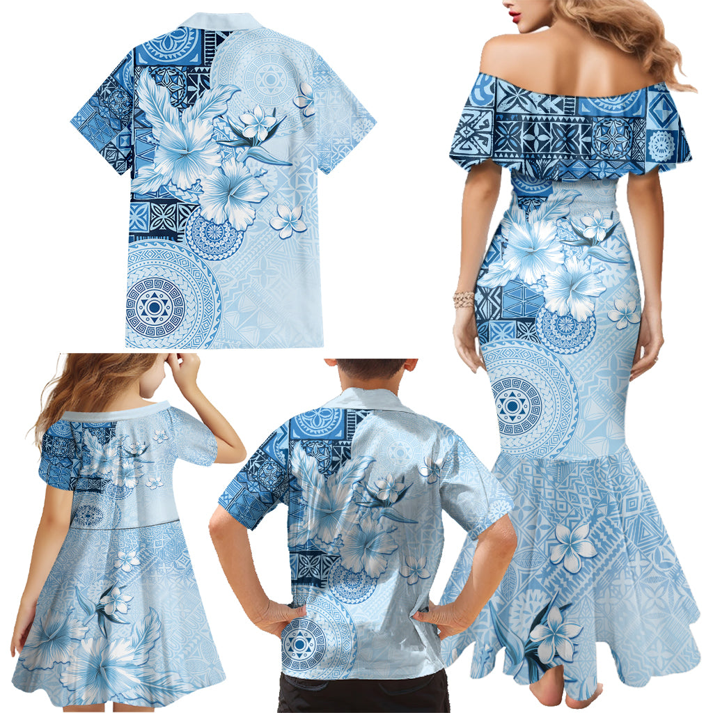 Hawaii Tapa Pattern With Blue Hibiscus Family Matching Mermaid Dress and Hawaiian Shirt