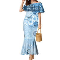 Hawaii Tapa Pattern With Blue Hibiscus Family Matching Mermaid Dress and Hawaiian Shirt