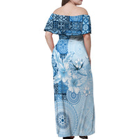 Hawaii Tapa Pattern With Blue Hibiscus Family Matching Off Shoulder Maxi Dress and Hawaiian Shirt