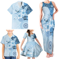 Hawaii Tapa Pattern With Blue Hibiscus Family Matching Tank Maxi Dress and Hawaiian Shirt