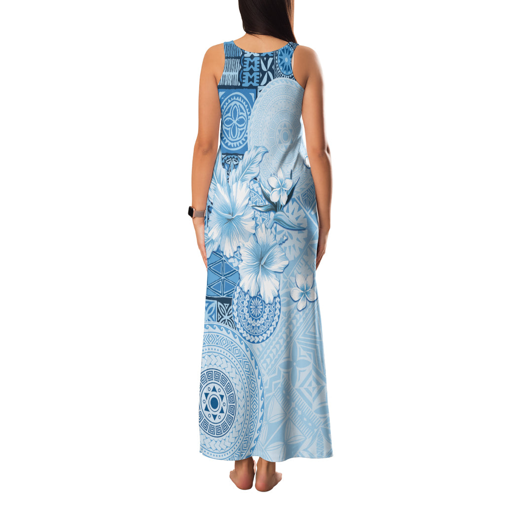 Hawaii Tapa Pattern With Blue Hibiscus Family Matching Tank Maxi Dress and Hawaiian Shirt