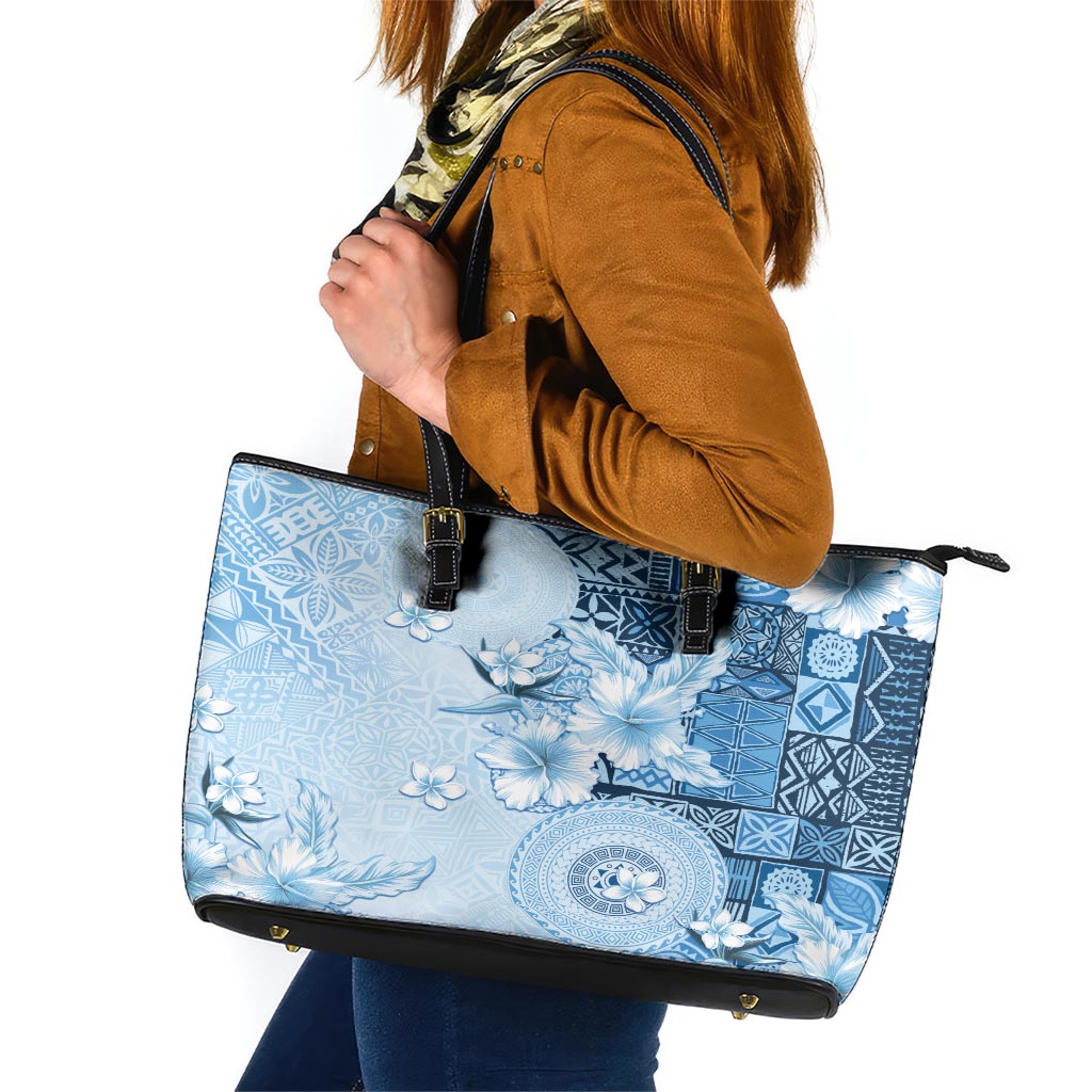 Hawaii Tapa Pattern With Blue Hibiscus Leather Tote Bag