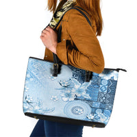 Hawaii Tapa Pattern With Blue Hibiscus Leather Tote Bag