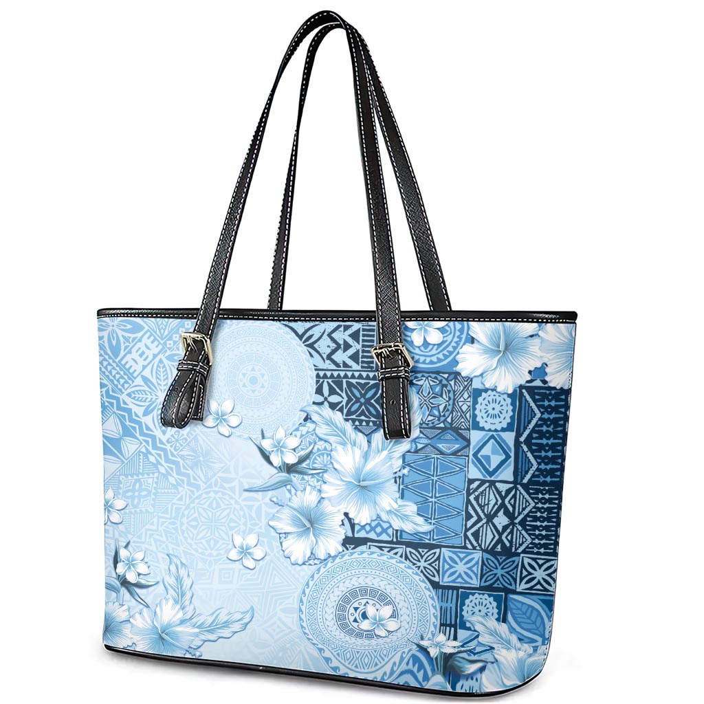 Hawaii Tapa Pattern With Blue Hibiscus Leather Tote Bag