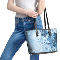 Hawaii Tapa Pattern With Blue Hibiscus Leather Tote Bag