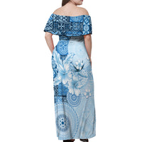Hawaii Tapa Pattern With Blue Hibiscus Off Shoulder Maxi Dress