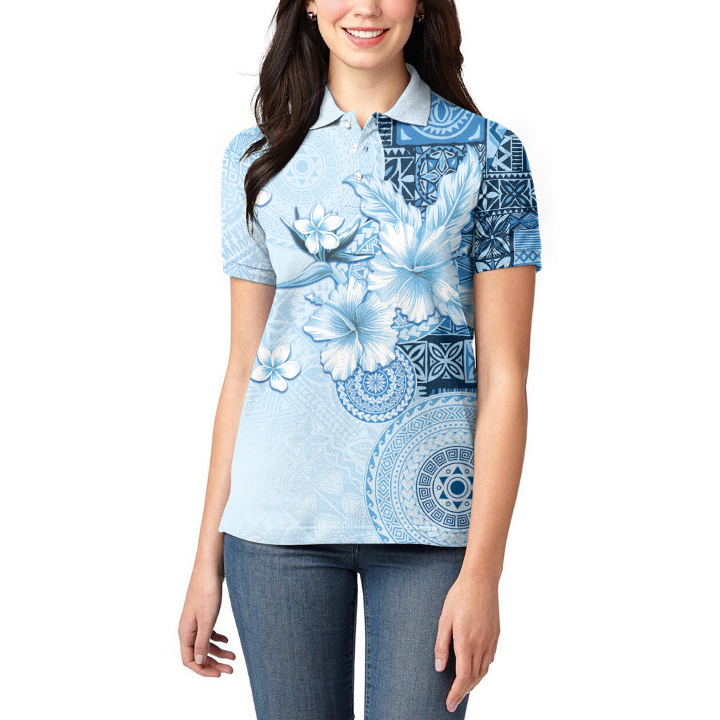 Hawaii Tapa Pattern With Blue Hibiscus Women Polo Shirt