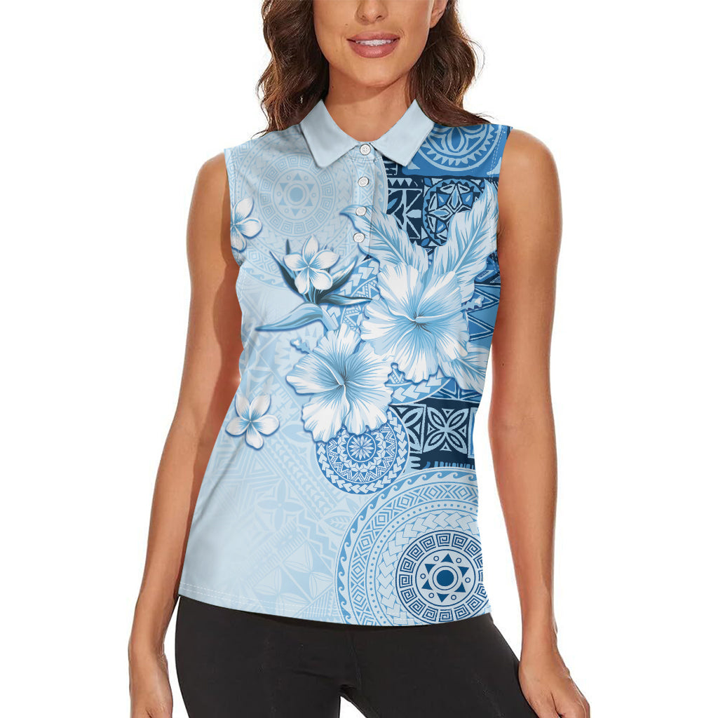 Hawaii Tapa Pattern With Blue Hibiscus Women Sleeveless Polo Shirt LT05 - Polynesian Pride